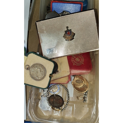 305 - A Royal Sussex Regiment cigarette case, a hall marked silver Life saver medal in case, two bronze li... 