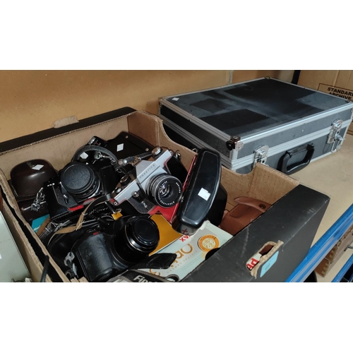 69 - A selection of cameras:  Minolta; 2 x Praktica; Fuji digital; 4 compact cameras; a camera box; ... 