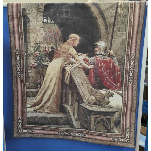 94 - A tapestry style wall hanging:  knight and maiden; other carpet/metal wall hangings; tile displ... 