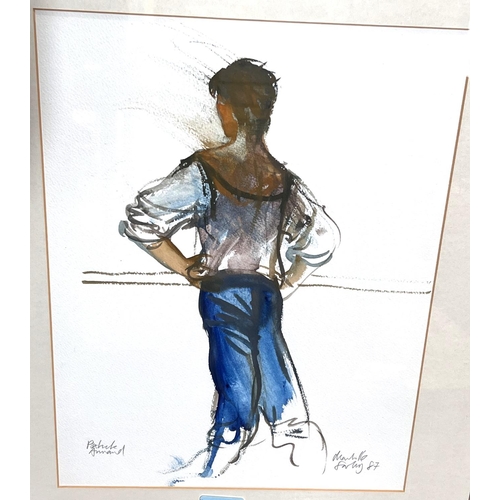 762 - Charlotte Fawley (born 1934 -) ink watercolour wash, Patrick Armand, ballet dancer standing at the b... 