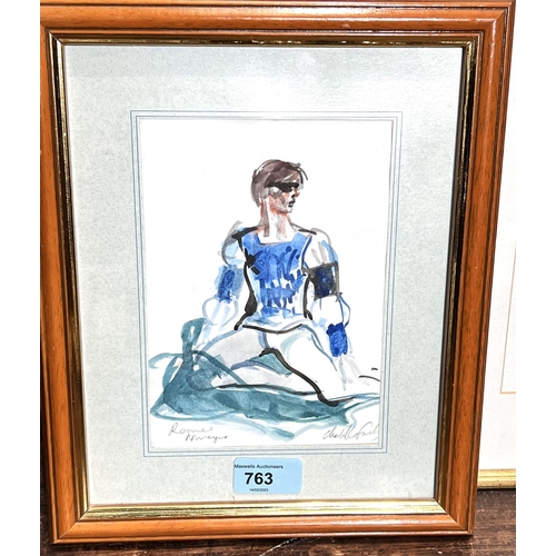 763 - Charlotte Fawley (born 1934 -) ink and wash, Rudolph Nureyev as Romeo, signed, in picture frame; by ... 