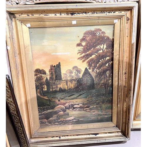 766 - A 19th century Primitive School river landscape and landscape with ruined church a pair of oils on c... 