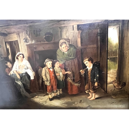 768 - B Bonnet:  19th century cottage interior with 2 women and children greeting an orphan boy, oil on ca... 