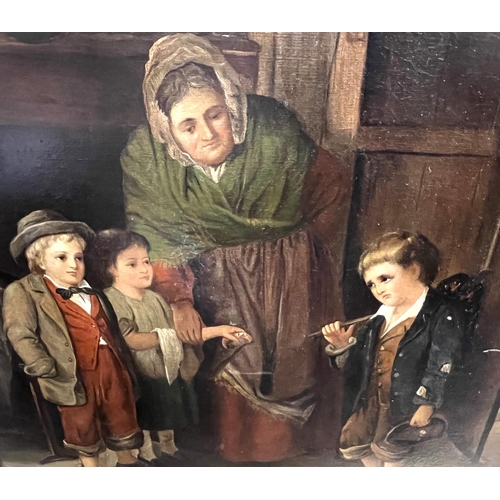 768 - B Bonnet:  19th century cottage interior with 2 women and children greeting an orphan boy, oil on ca... 