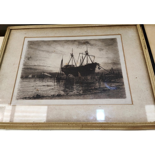 797 - Henry G Walker, two coloured etching of moored boats in bays, both framed and glazed and signed in p... 