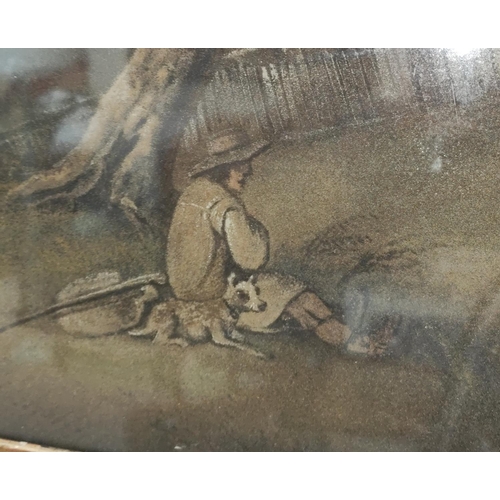 801 - VICTORIAN SAND PICTURE - pastoral scene with figure and dog beneath an oak tree, 60 x 49cm, bird's e... 