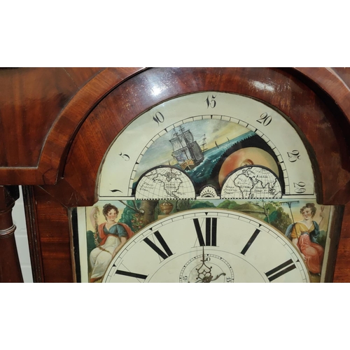 834 - An early 19th century figured mahogany long cased clock, the hood with swan neck pediment and turned... 