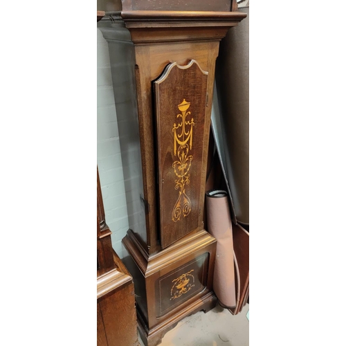 835 - An Edwardian Sheraton style mahogany long case clock with extensive classical and floral marquetry i... 