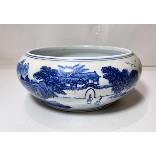 435A - A Chinese blue and white bowl, with traditional scenes and decoration and six character mark to base... 