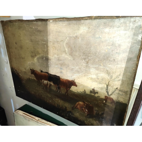 153B - A 19th century oil painting of cattle, another, a selection of pencil signed etchings, and a modern ... 