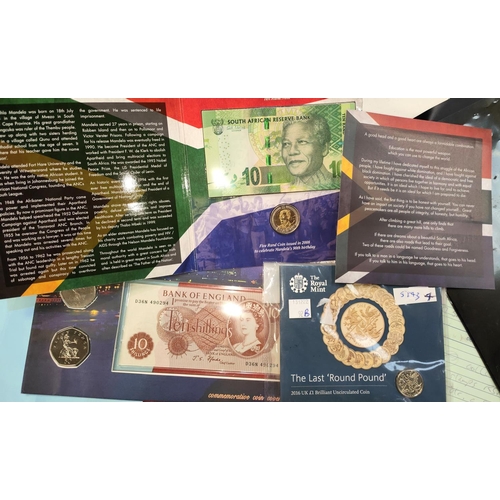 200B - The last round pound, in pack, 2016 and a coin cover 10/- note; 2 x 50p coins; a Nelson Mandela note... 