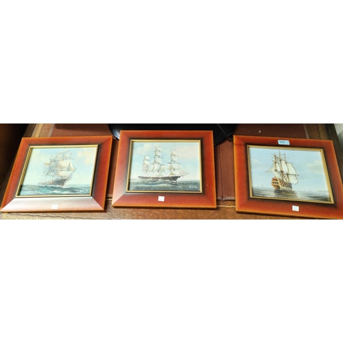 777 - Ambrose:  3 seascapes with 3-masted Man o'Wars, oils on canvas, signed, 20 x 25, framed