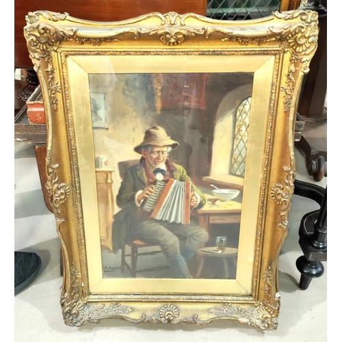 799A - A Aveheil: British School, oil on canvas, old man playing Melodian with Whisky and pipe, signed fram... 