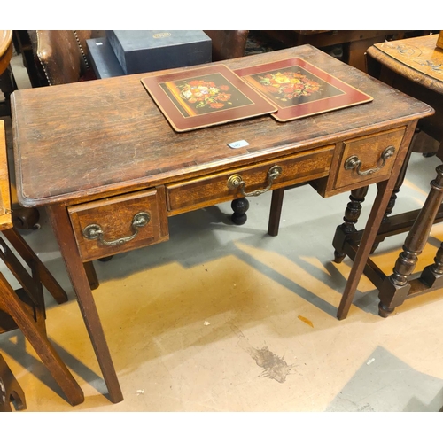 945 - A Georgian cross banded oak lowboy with squared chamfered legs, three drawers ht. 71cm x depth 32cm