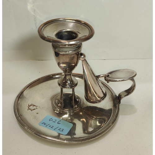 626 - A silver plated Chamber candlestick with snuffer bell mark to base, with incised coat of arms type d... 