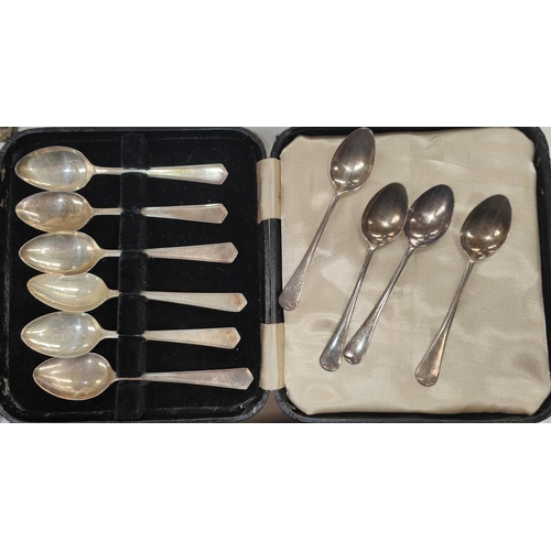 648A - A cased set of six 1930's hall marked silver tea spoons and four hall marked tea spoons loose 3.7oz