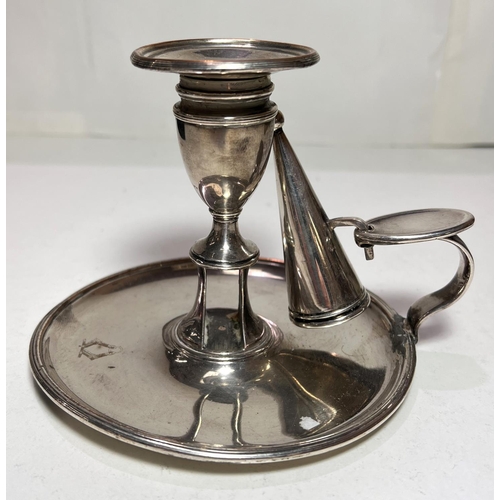 626 - A silver plated Chamber candlestick with snuffer bell mark to base, with incised coat of arms type d... 