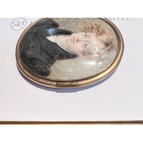 758A - A 19th century miniature portrait of a young man in high colared coat and shirt with signtaure ofver... 