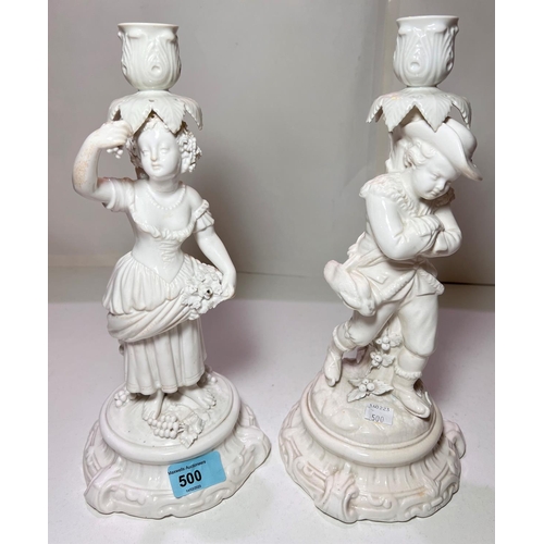 586 - A pair of 19th century Dresden white glazed candelabra, young man and woman with grapes (some restor... 