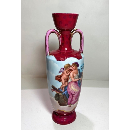 595 - A Vienna style vase with double hoop handles decorated with semi-clad females with cherub against a ... 