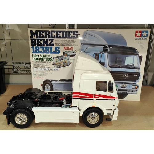 A Tamiya Mercedes Benz 1838LS 1 14th scale RC Tractor Truck built with original box including paper