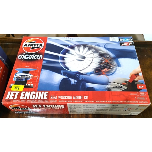 278 - A Airfix boxed Engineer model of a jet engine, a boxed Minicraft model kit Morgan 1935 three wheeler... 