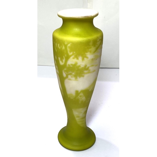 513 - Richard:  a vase of tapering form on circular base, overlaid and cut back with a landscape scene, he... 