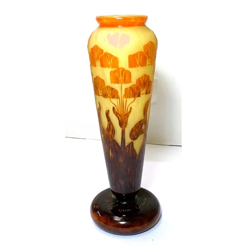 516 - Charles Schneider:  a tall tapering vase, overlaid and cut back with Art Deco floral design, signed ... 