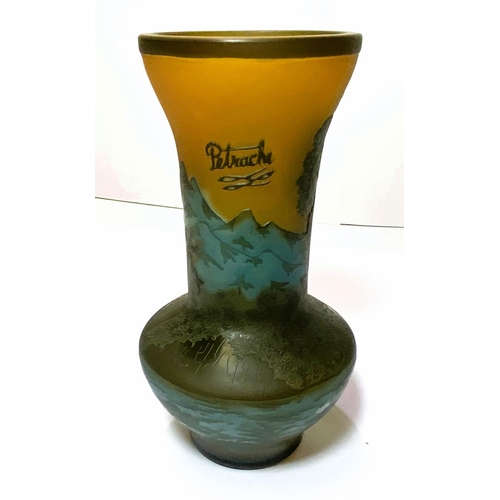 521 - Petrache: a vase with wide floral rim and bulbous base, overlaid and cut back with a landscape, sign... 