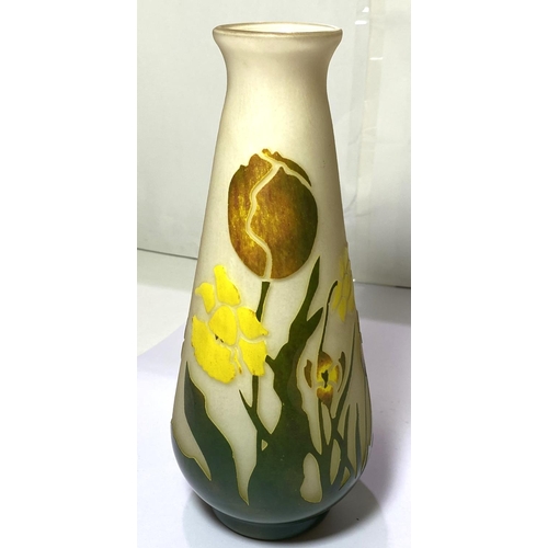 523 - La Rochère:  a modern vase of tapering form, overlaid and cut back with spring flowers, signed, with... 