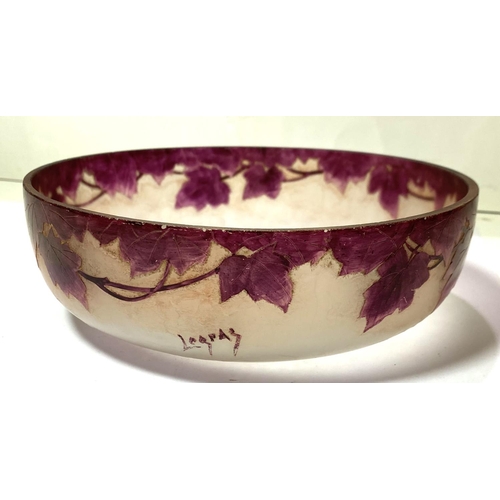 525 - Legras:  a circular bowl, overlaid and cut back with leaves, signed, diameter 20cm