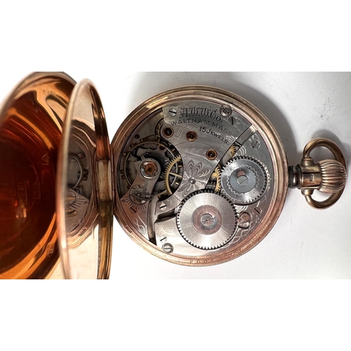 648 - A 9 carat hallmarked gold keyless hunter pocket watch by Waltham, gross weight 98gm (appears to work... 