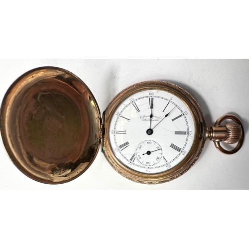 649 - A Waltham keyless hunter fob/pocket watch in gold coloured extensively chased case