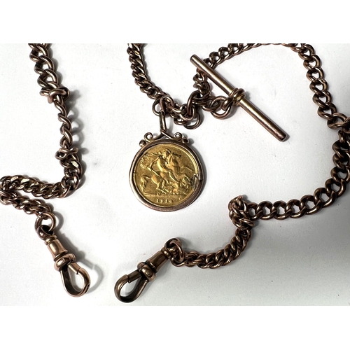 650 - A 9 carat hallmarked gold double albert with bar and 2 clips, 1914 half sovereign fob, 34gm