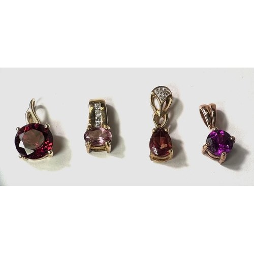 681 - Three 9K gold pendants set garnets (2 with small diamonds); a 9K pendant set round umbalite stone (8... 