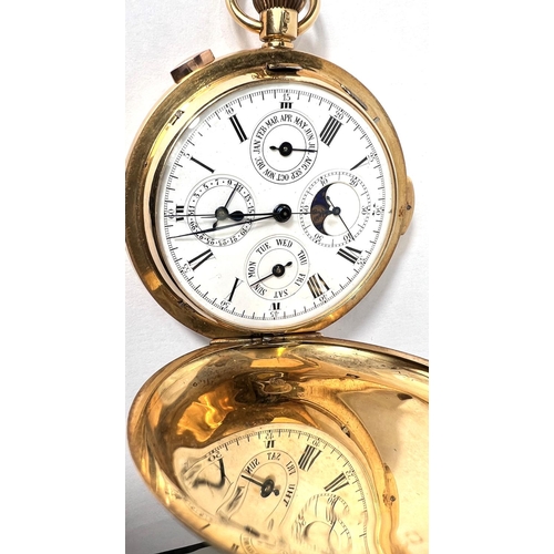 730 - An 18 carat hallmarked gold keyless hunter pocket watch, quarter repeating with 4 subsidiary dials i... 