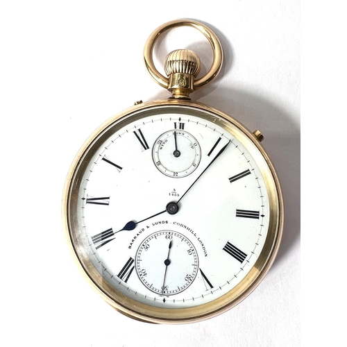 736 - An 18 carat hallmarked gold keyless open faced pocket watch with 2 subsidiary dials, crested backpla... 