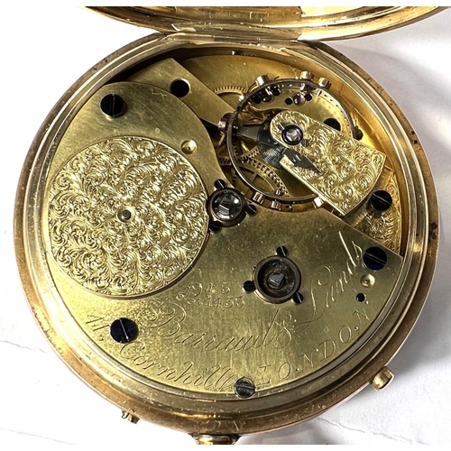 736 - An 18 carat hallmarked gold keyless open faced pocket watch with 2 subsidiary dials, crested backpla... 