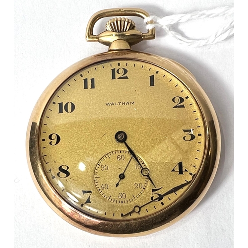 737 - A gent's 18 carat hallmarked gold keyless dress pocket watch, open faced, by Waltham, gross weight 7... 