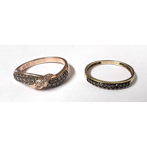 748 - A rose gold ring stamped '14K CJ' set 3 bands of small diamonds and single central crossover band, s... 