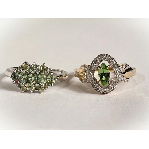 774 - 2 9ct hallmarked gold rings each set with green stones test as Peridot or similar and clear stones s... 