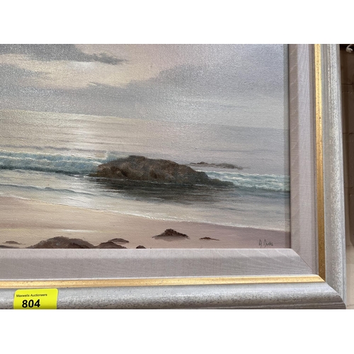 804 - D Duval:  Shoreline seascape with rocks, oil on canvas, signed, 31 x 53cm, framed