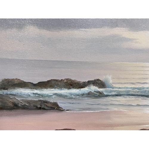 804 - D Duval:  Shoreline seascape with rocks, oil on canvas, signed, 31 x 53cm, framed