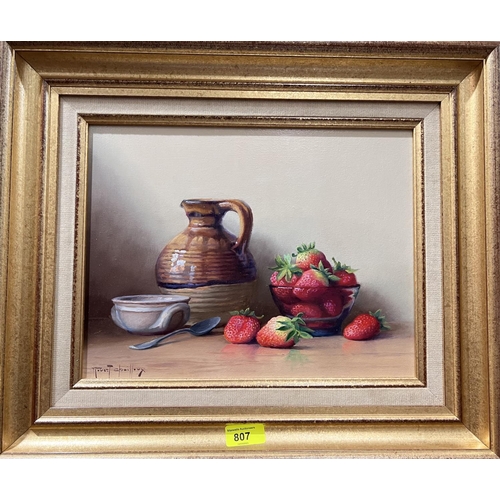 807 - Robert Cailloux 1913:  strawberries in a bowl with earthenware jug, oil on board, signed, 26 x 33cm,... 