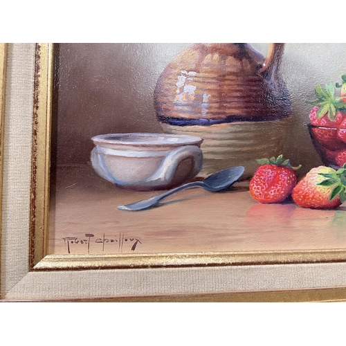 807 - Robert Cailloux 1913:  strawberries in a bowl with earthenware jug, oil on board, signed, 26 x 33cm,... 