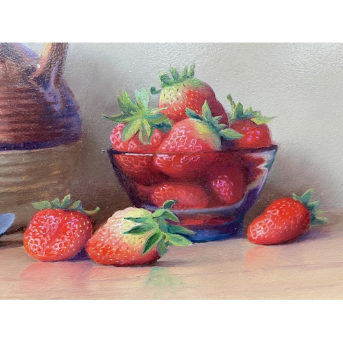 807 - Robert Cailloux 1913:  strawberries in a bowl with earthenware jug, oil on board, signed, 26 x 33cm,... 