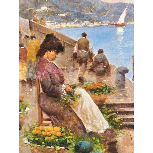 811 - C. Fortz:  Continental lake scene with young woman selling fruit, oil on canvas, signed, 49 x 39cm; ... 