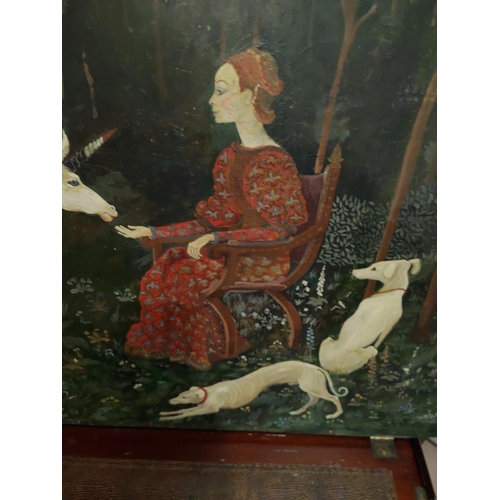 797 - A 20th century woman in woodland glade with unicorn, oil on board, unsigned, 54 x 92cm unframed