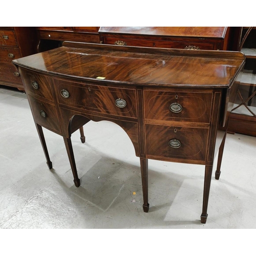 837 - A Georgian style mahogany inlaid drop leaf sideboard with rounded front, five drawers, on tapering l... 