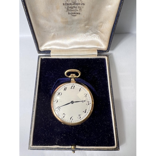 732 - A gent's 18 carat hallmarked gold open faced dress watch, inscribed, gross weight 45.75gm (ticks, no... 